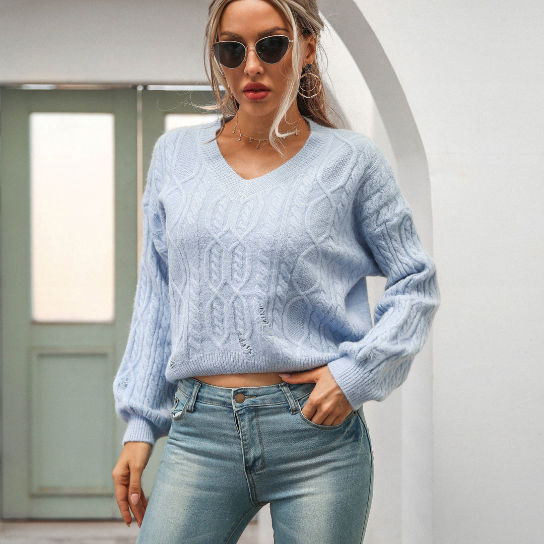 V-neck Pullover Long-sleeved Twist Knit Sweater