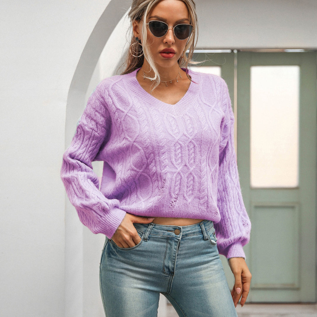 V-neck Pullover Long-sleeved Twist Knit Sweater