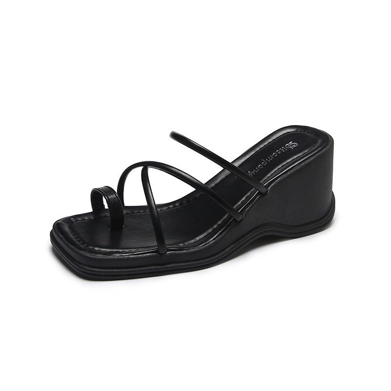Platform Strappy Slip-On Sandals with Toe Strap
