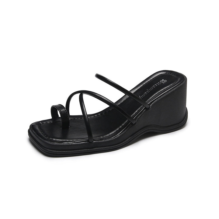 Platform Strappy Slip-On Sandals with Toe Strap