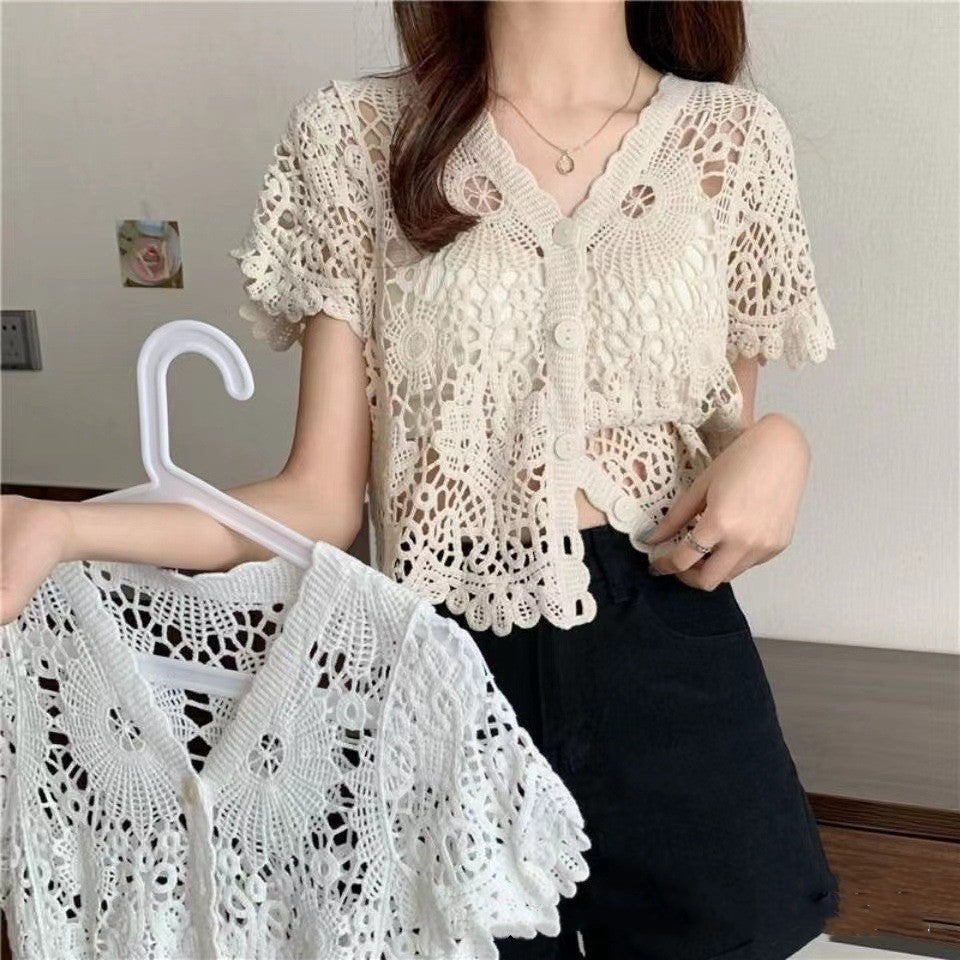 Niche V-neck Hollow Crochet Lace Shirt For Women