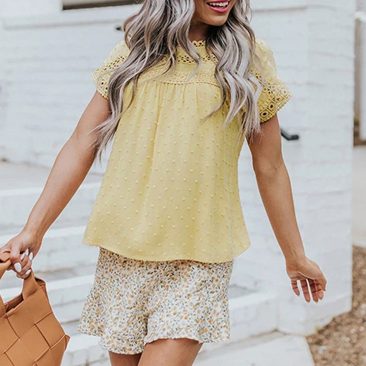 Lace Crochet Pompom Short-Sleeved Casual Shirt Top Women
