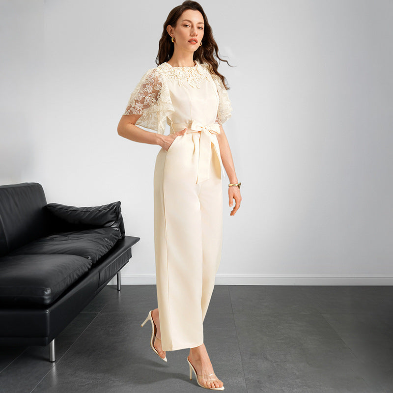 Solid-Color Loose-Fit Satin Jumpsuit - Apricot