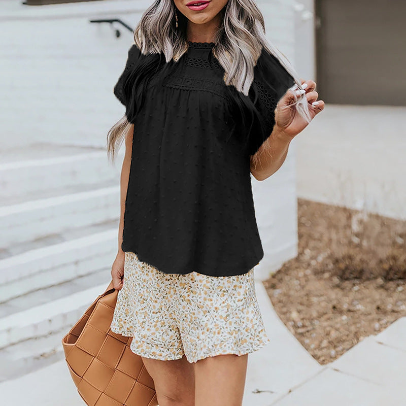 Lace Crochet Pompom Short-Sleeved Casual Shirt Top Women