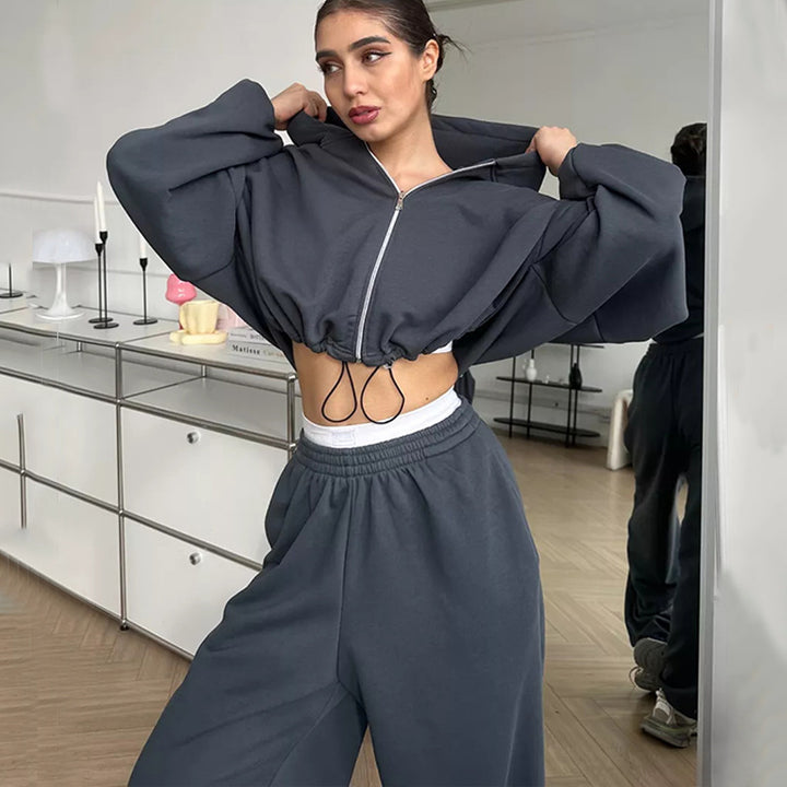 Solid Colour Zip-Up Loungewear Set - Two Piece