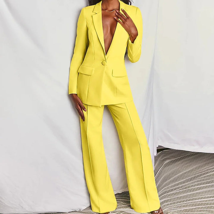 2 Piece Blazer Suit Set - Elegant Long Sleeve Blazer & Trousers for Women