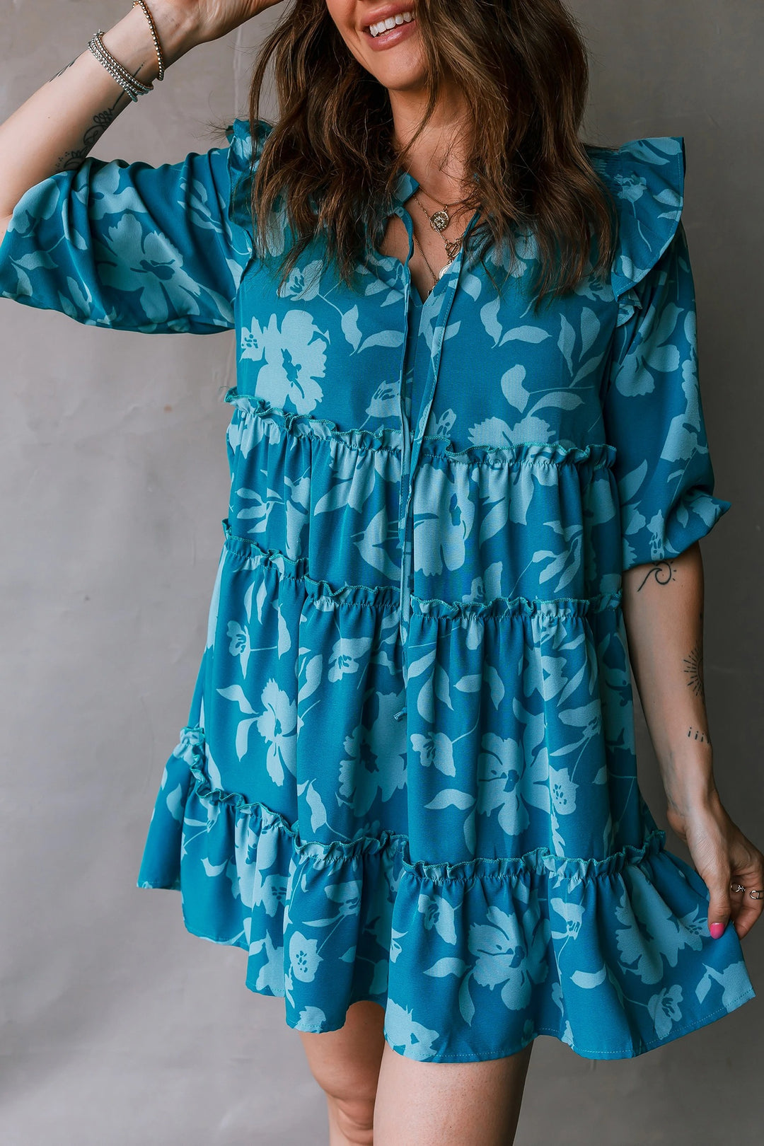Blue Floral Tiered Ruffle Mini Dress
