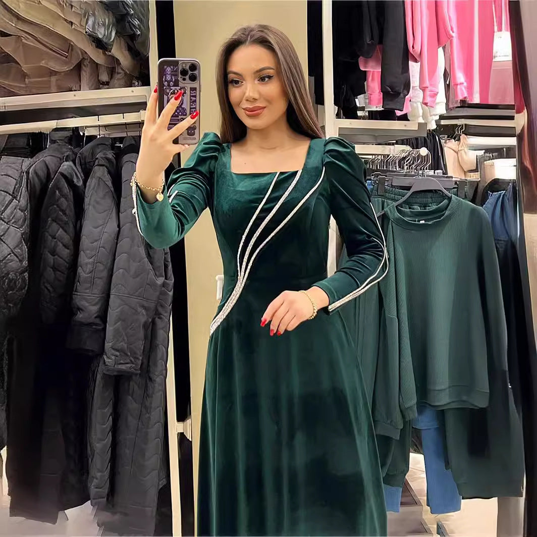 Rhinestone Embellished Long Sleeve Maxi Dress