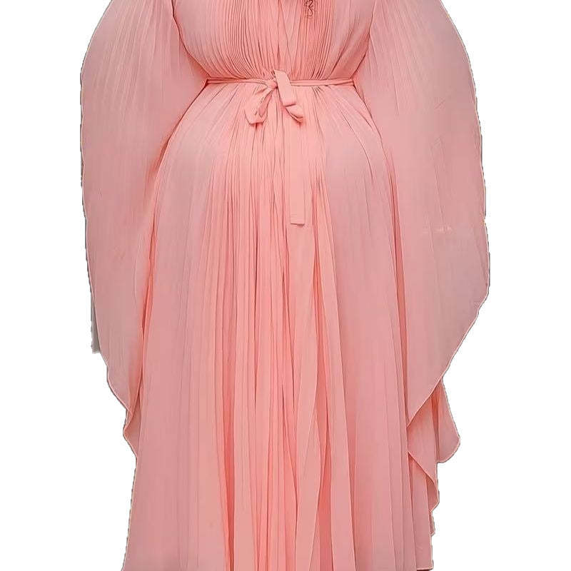 New High-end Pleated, Tie-waist, Oversized Maxi Dress For Women