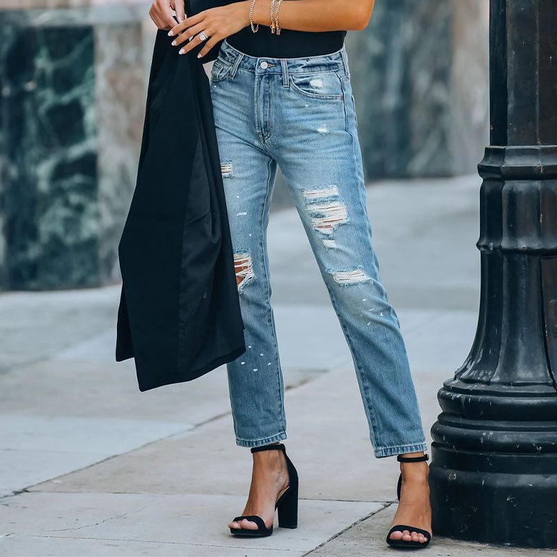 Cropped Straight Leg Jeans - Washed Denim for Women