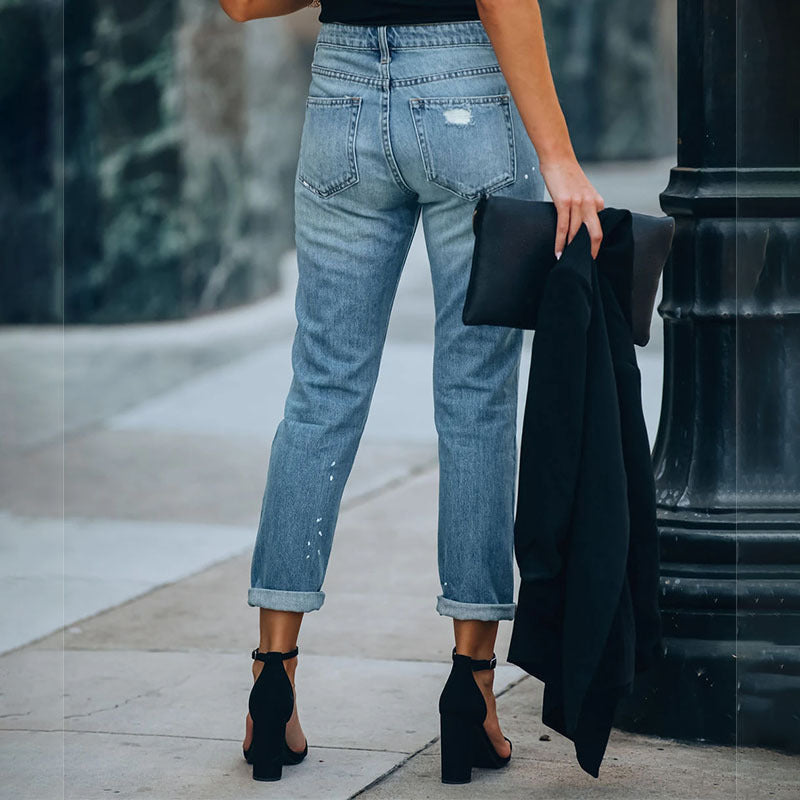 Cropped Straight Leg Jeans - Washed Denim for Women