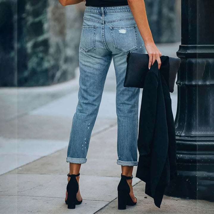 Cropped Straight Leg Jeans - Washed Denim for Women