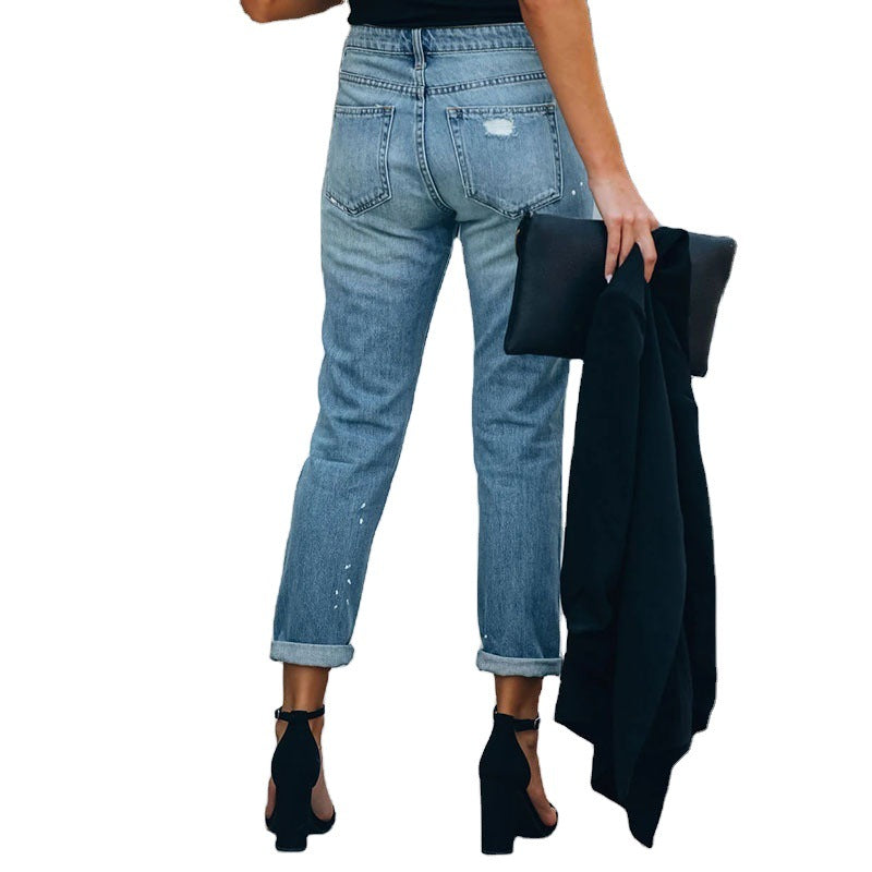 Cropped Straight Leg Jeans - Washed Denim for Women