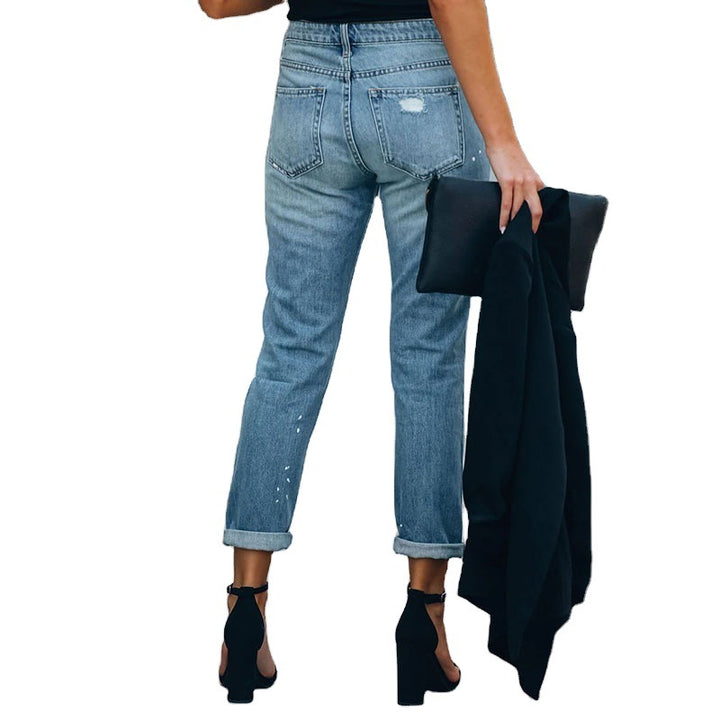 Cropped Straight Leg Jeans - Washed Denim for Women