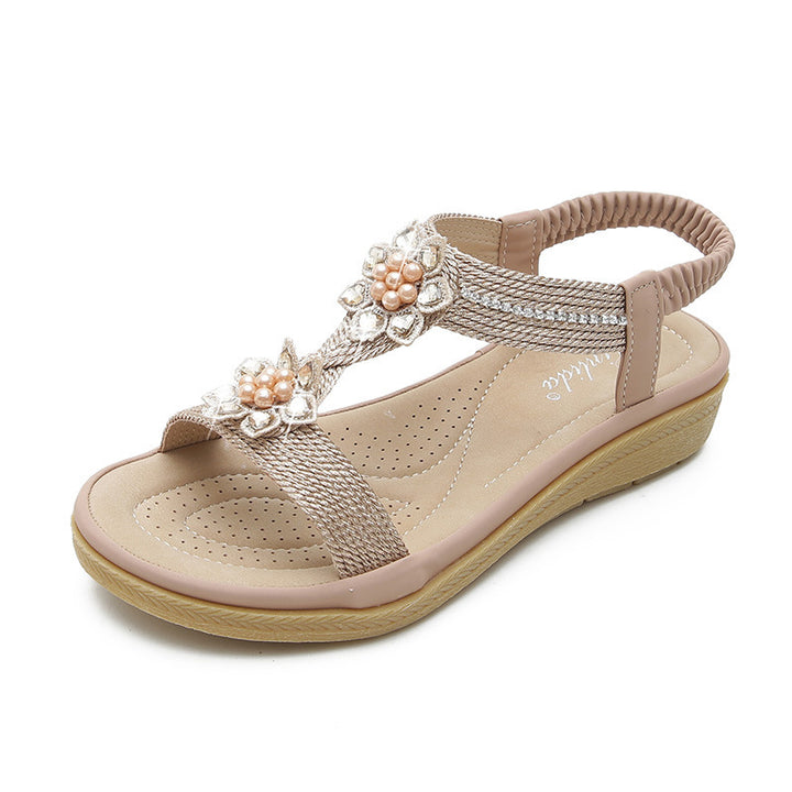 Boho Flower Rhinestone Flat Sandals