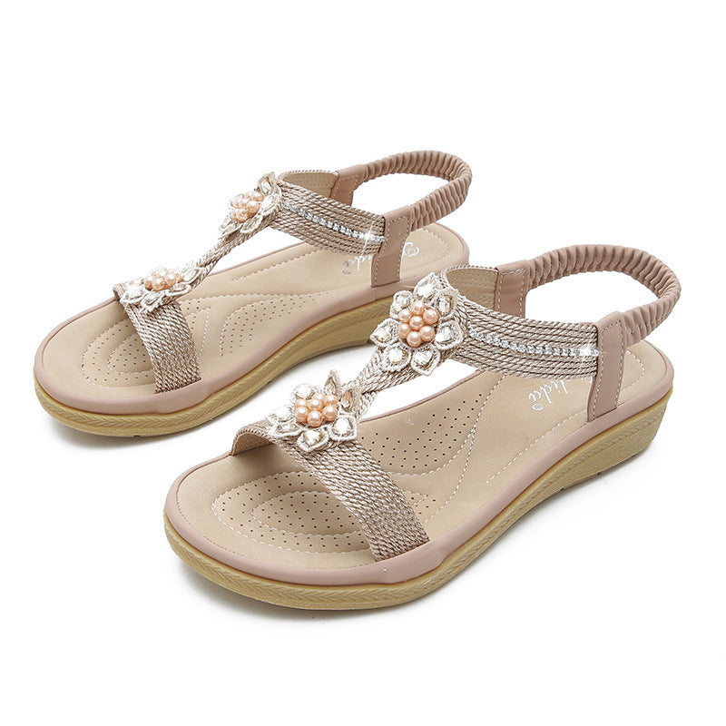 Boho Flower Rhinestone Flat Sandals