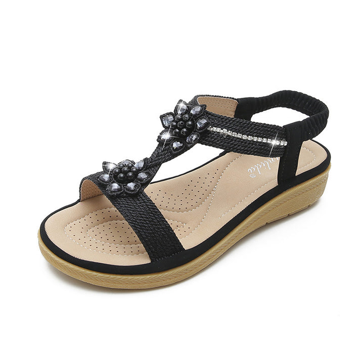 Boho Flower Rhinestone Flat Sandals