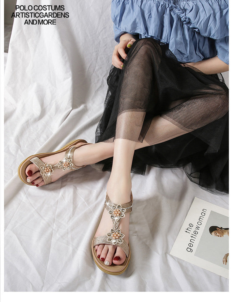 Boho Flower Rhinestone Flat Sandals