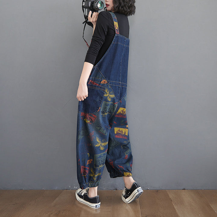 Print Splicing Denim Dungarees - Plus Size