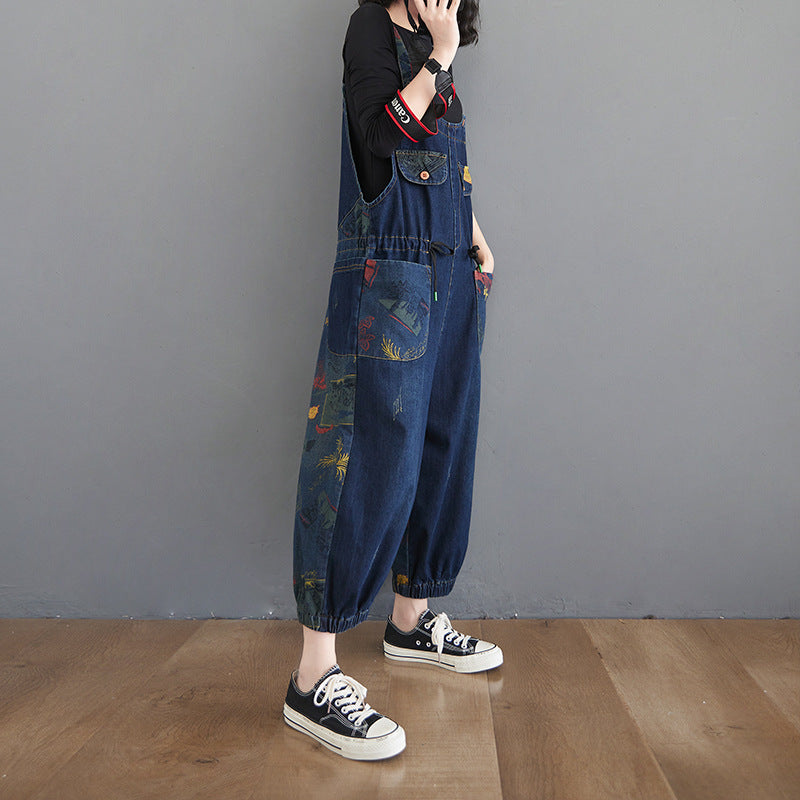 Print Splicing Denim Dungarees - Plus Size