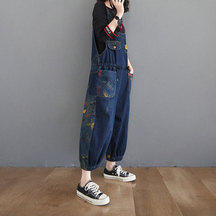 Print Splicing Denim Dungarees - Plus Size