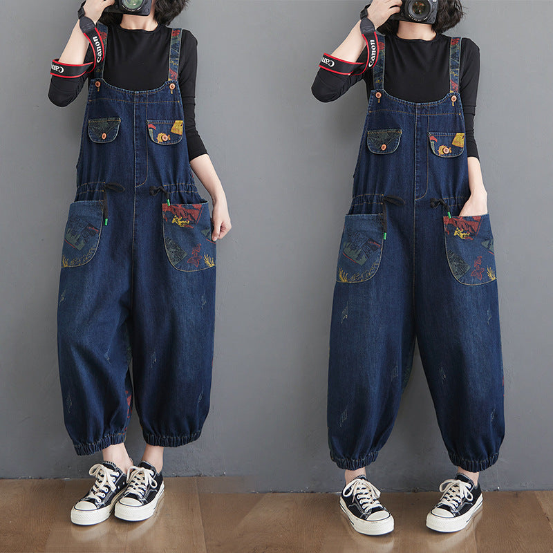 Print Splicing Denim Dungarees - Plus Size