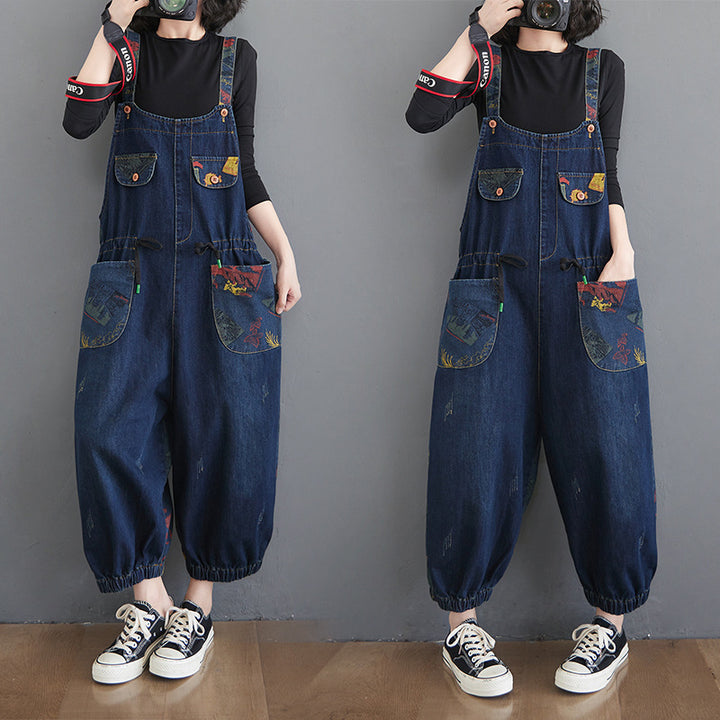 Print Splicing Denim Dungarees - Plus Size