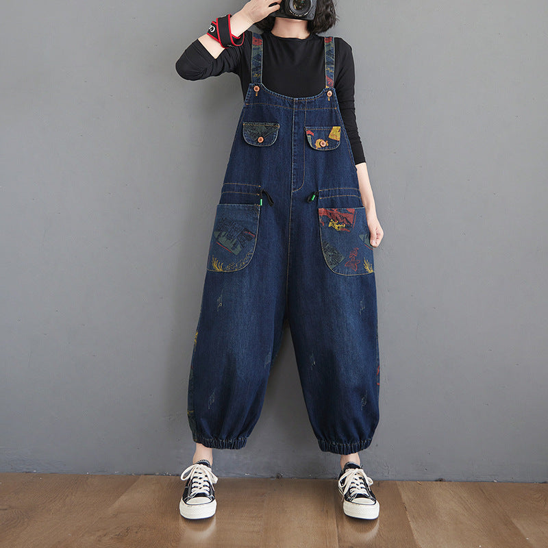 Print Splicing Denim Dungarees - Plus Size