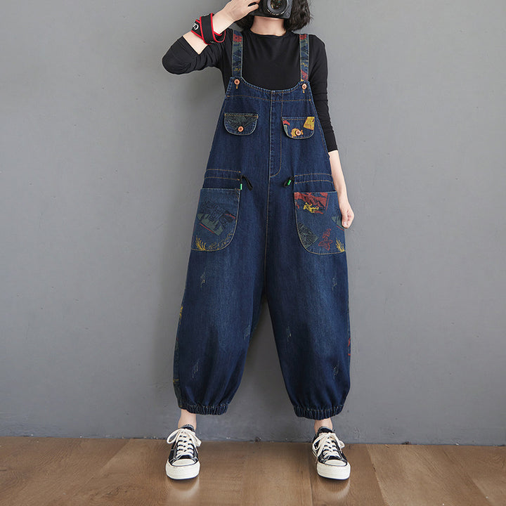 Print Splicing Denim Dungarees - Plus Size