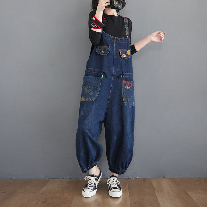 Print Splicing Denim Dungarees - Plus Size