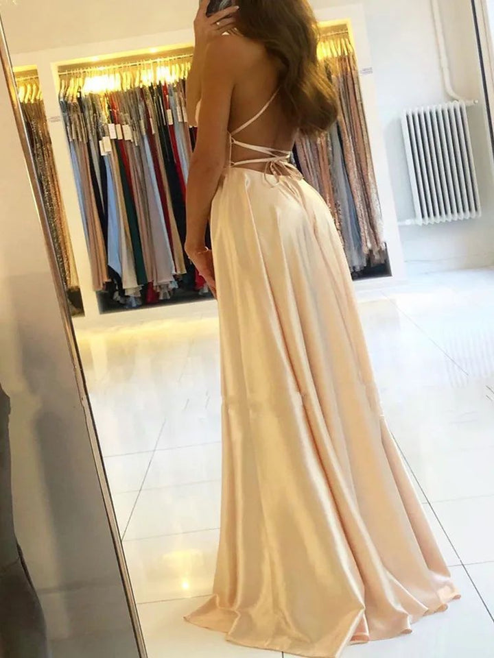 Satin Maxi Beach Dress with Leg Slit & Lace-Up Detail