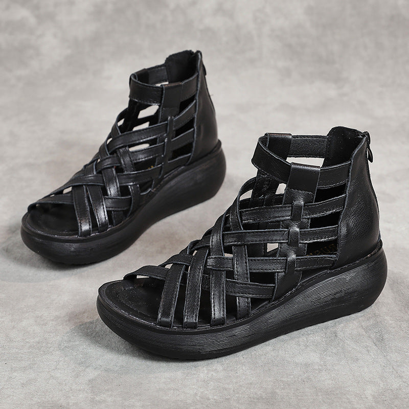 Ethnic Retro Wedge Sandal Boots - Cowhide