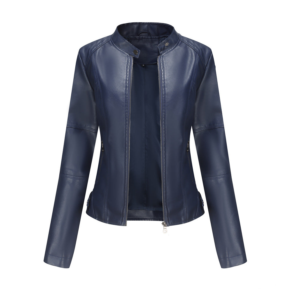 Slim-Fit Leather Jacket with Stand Collar