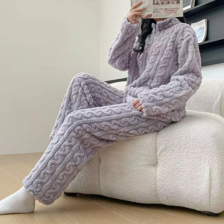 Twist Zipper Coral Fleece Loungewear Set - Autumn Winter