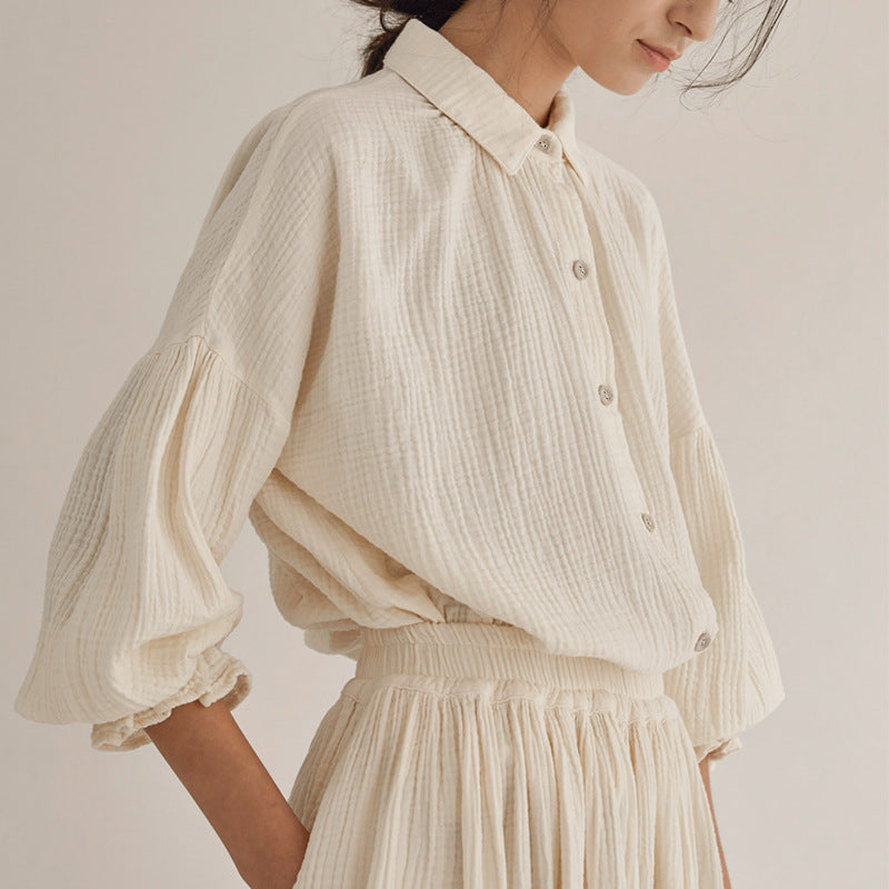 Double-Layer Gauze Loungewear Set - Lantern Sleeve