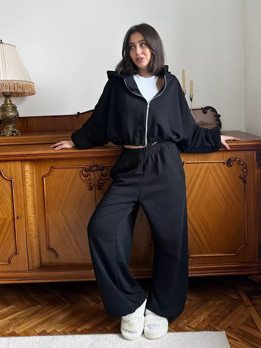 Solid Colour Zip-Up Loungewear Set - Two Piece