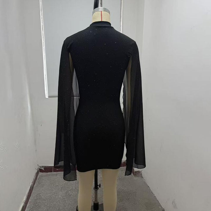 Women's Sparkly Bodycon Mini Dress, Mock Neck Cloak Sleeve Cocktail Dress