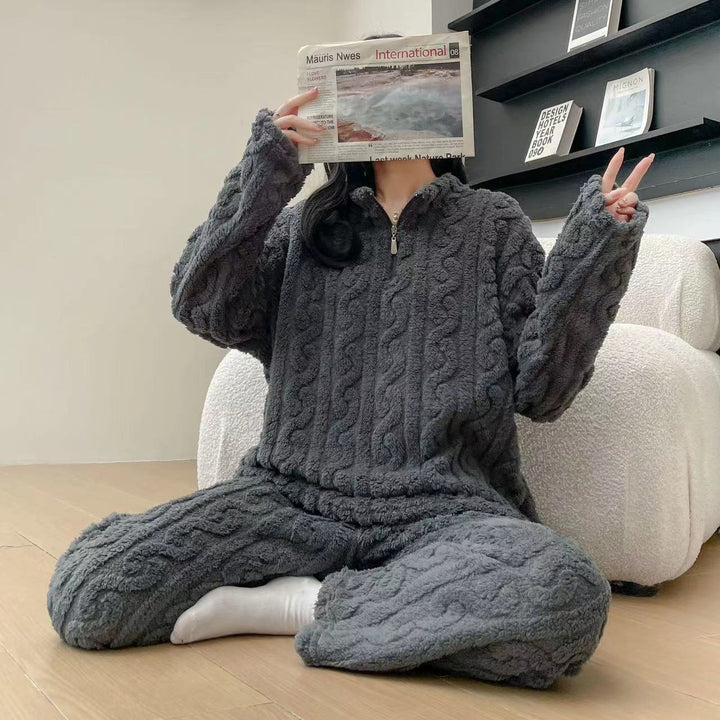 Twist Zipper Coral Fleece Loungewear Set - Autumn Winter