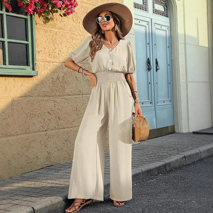 Solid Color Short Sleeve Lapel Waist-Cinched Jumpsuit