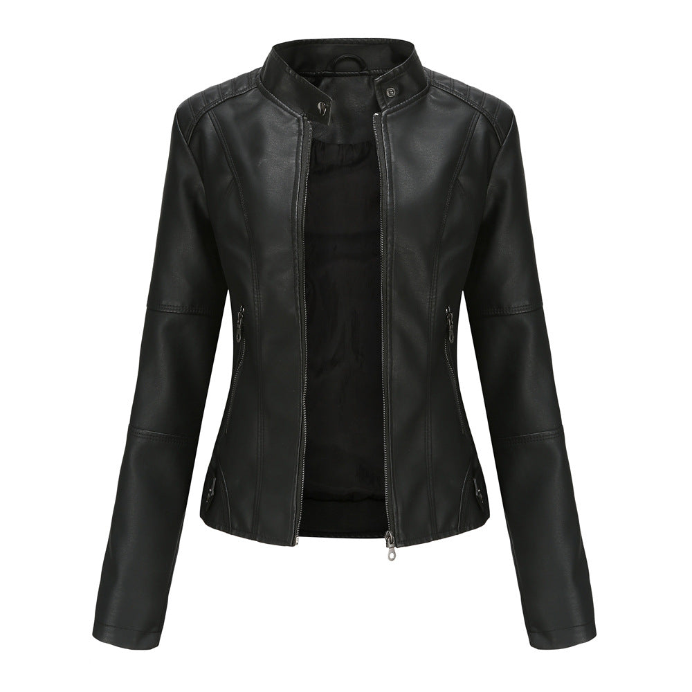 Slim-Fit Leather Jacket with Stand Collar