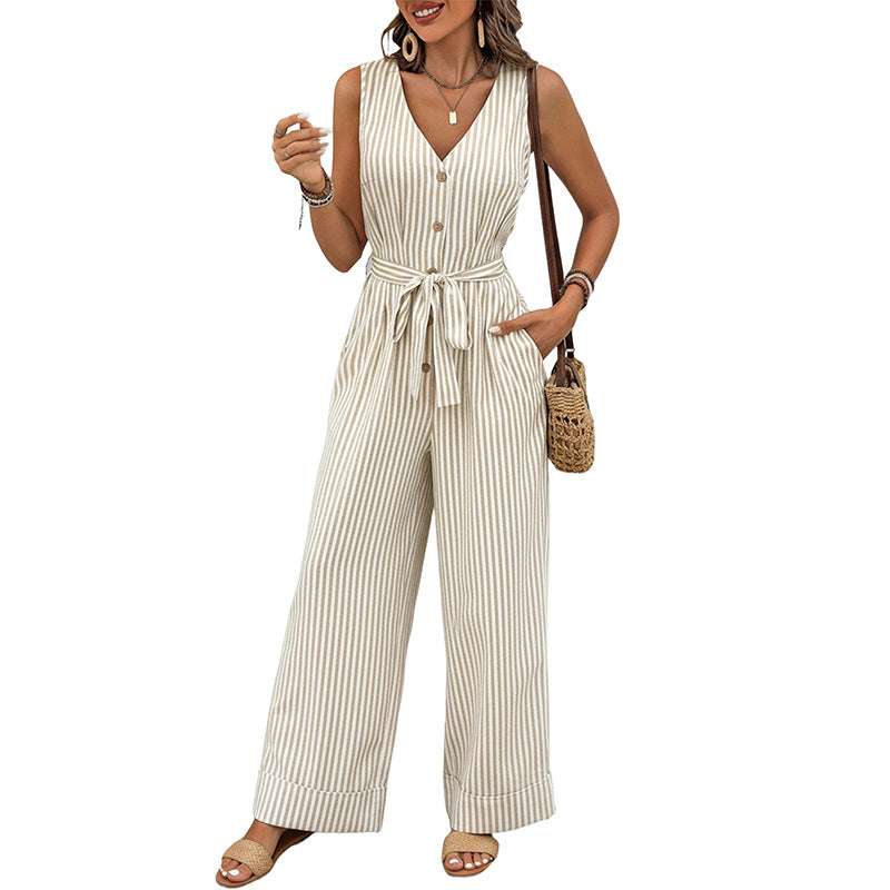 Minimalist Striped Wide-Leg Jumpsuit - Khaki