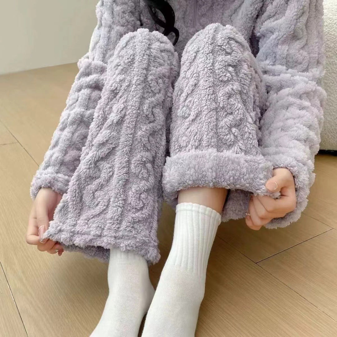 Twist Zipper Coral Fleece Loungewear Set - Autumn Winter