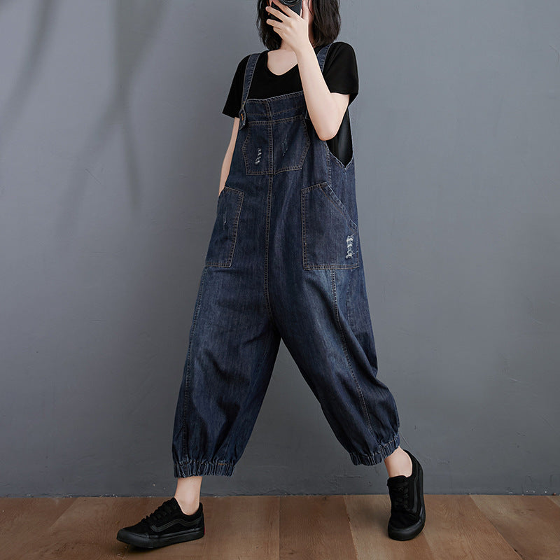 Cropped Denim Dungarees - Plus Size