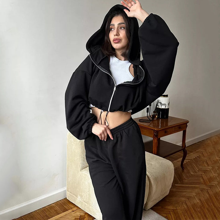 Solid Colour Zip-Up Loungewear Set - Two Piece