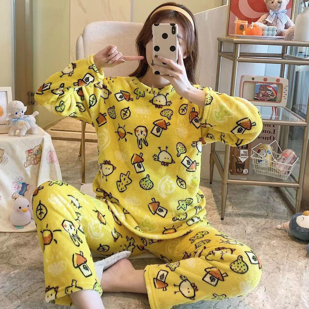 Cute Coral Fleece Loungewear Set - Cartoon Style