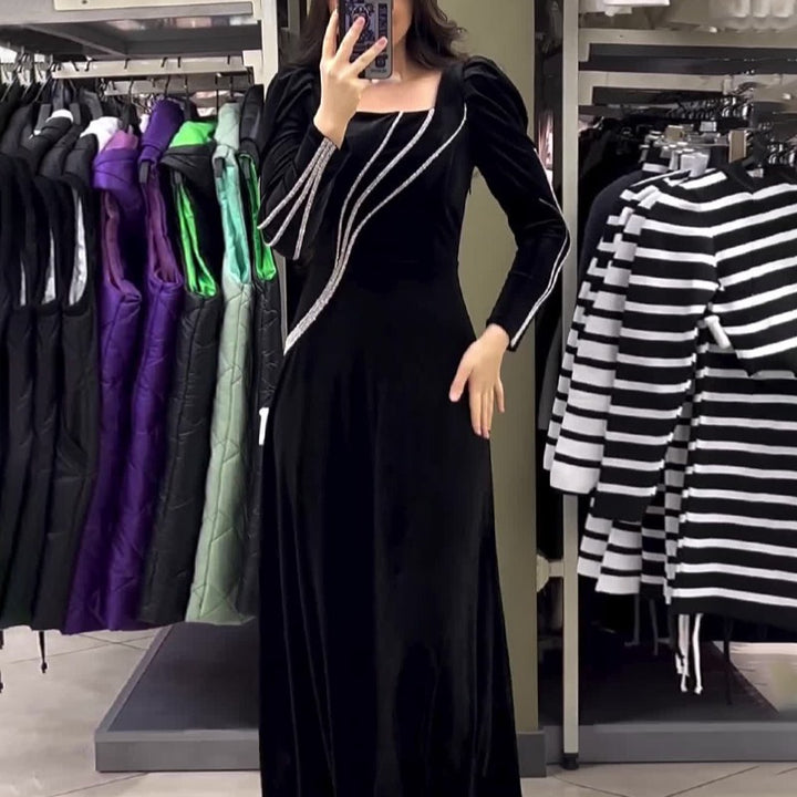Rhinestone Embellished Long Sleeve Maxi Dress