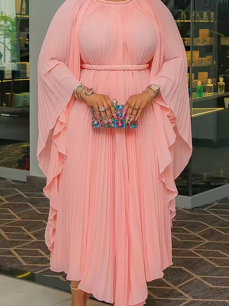 New High-end Pleated, Tie-waist, Oversized Maxi Dress For Women