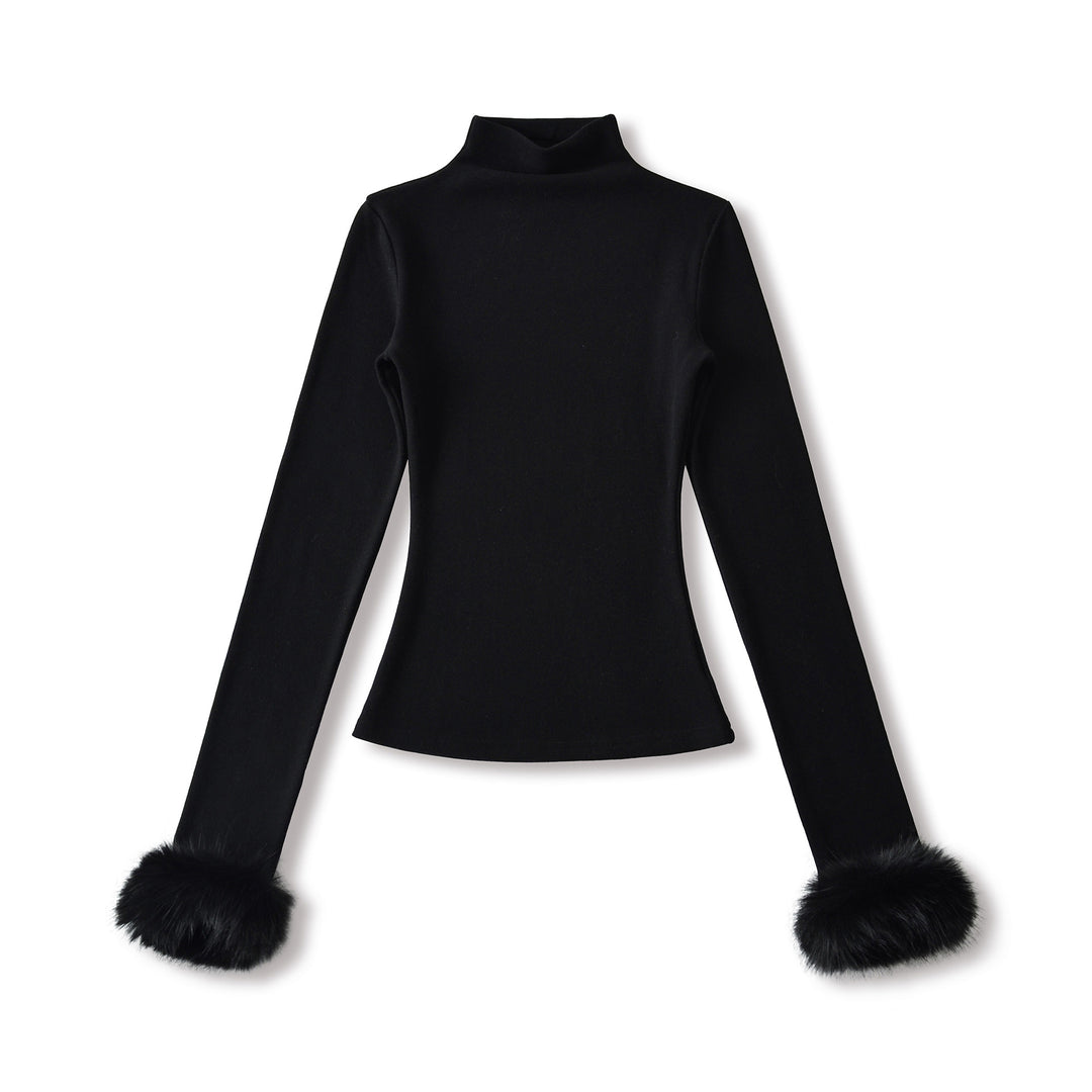 Detachable Furry Sleeve Mock Neck Top - Winter Pullover