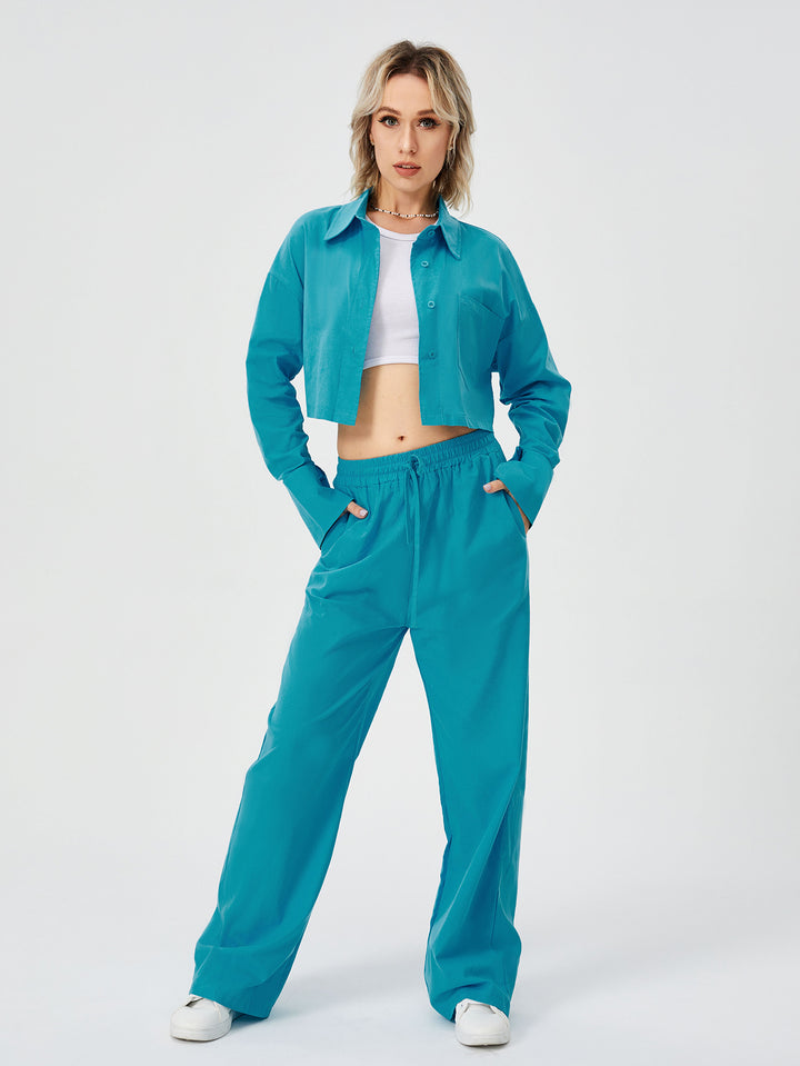 Button-Down Wide Leg Loungewear Set - Two Piece