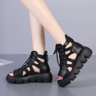 Retro Platform Lace-Up Sandal Boots - Hollowed-Out